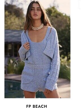 FP Beach Women's Light Blue Knit Tank Romper with Cropped Cardigan